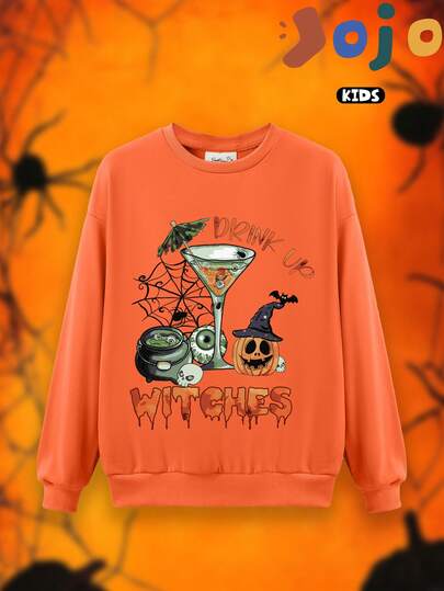 Halloween-Elemente, Augapfelgetränke, Kürbis- und Totenkopfmuster und Buchstabendrucke, Sweatshirts mit überschnittenen Schultern für Jungen, Curve Oversize, lässige und vielseitige Kinderkleidung im lockeren Sport-Street-College-Stil, bequeme Langarmoberteile