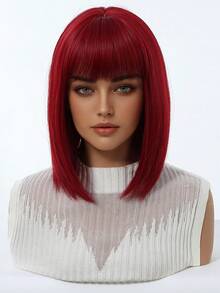 12英寸短款红色假发，带刘海，合成纤维材质 - 色彩鲜艳，自然逼真的波波头假发，适合女性，可调节发网，易于造型，完美适用于派对/日常佩戴/角色扮演，圣诞节礼物佳选 - 紅色 - 查看 3