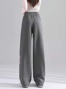 JUTU 条纹侧边拼接运动裤，灰粉色条纹，休闲运动风抽绳高腰直筒运动裤，美式风格，适合春、秋、冬季穿着 - 1A49煙灰拼粉 - 查看 4