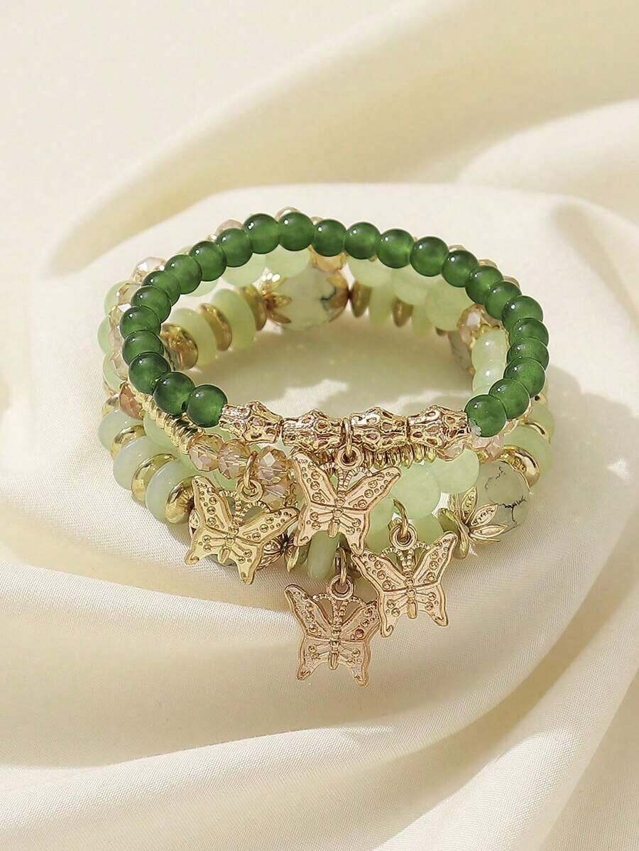 4pcs Bohemian Glass Beaded Flower Butterfly Charm Elastic Bracelet Set For Women (Butterfly Position Random) - Green - View 1