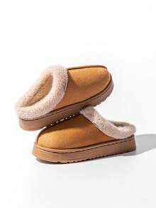 男女通用毛绒内衬拖鞋，舒适休闲风格，适合秋冬，毛茸茸的内衬，防滑厚底，纯色面料鞋面，适合户外穿着，可机洗，一脚蹬，防滑 EVA 鞋底，舒适厚底家居鞋 - 卡其色 - 查看 6