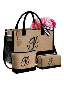 字母帆布手提袋套装，包含化妆包、洗漱包、钱包和个性化礼品袋，时尚休闲单肩包，适合婚礼、生日、海滩、度假、节日、上学等场合，是送给女性、妈妈、老师和朋友的绝佳礼物。 - 彩色 - 查看 46