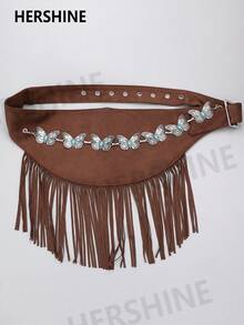 Hershine 1 pezzo Cintura da donna stile western, nuova gonna con frange in vita per autunno/inverno con decorazione rimovibile di catena turchese e farfalla, accessorio di moda minimalista di alta qualità, accessorio per outfit da strada, adatto per uso quotidiano e feste/Ognissanti - Gonna con nappa a farfalla in vita - Visualizzare 5