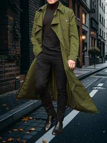 Men's  Daily Fashionable Casual Mid-Length Trench Coat, Street Style, Autumn/Winter, For Friends, Husband, Boyfriend Gifts - Army Green - View 1