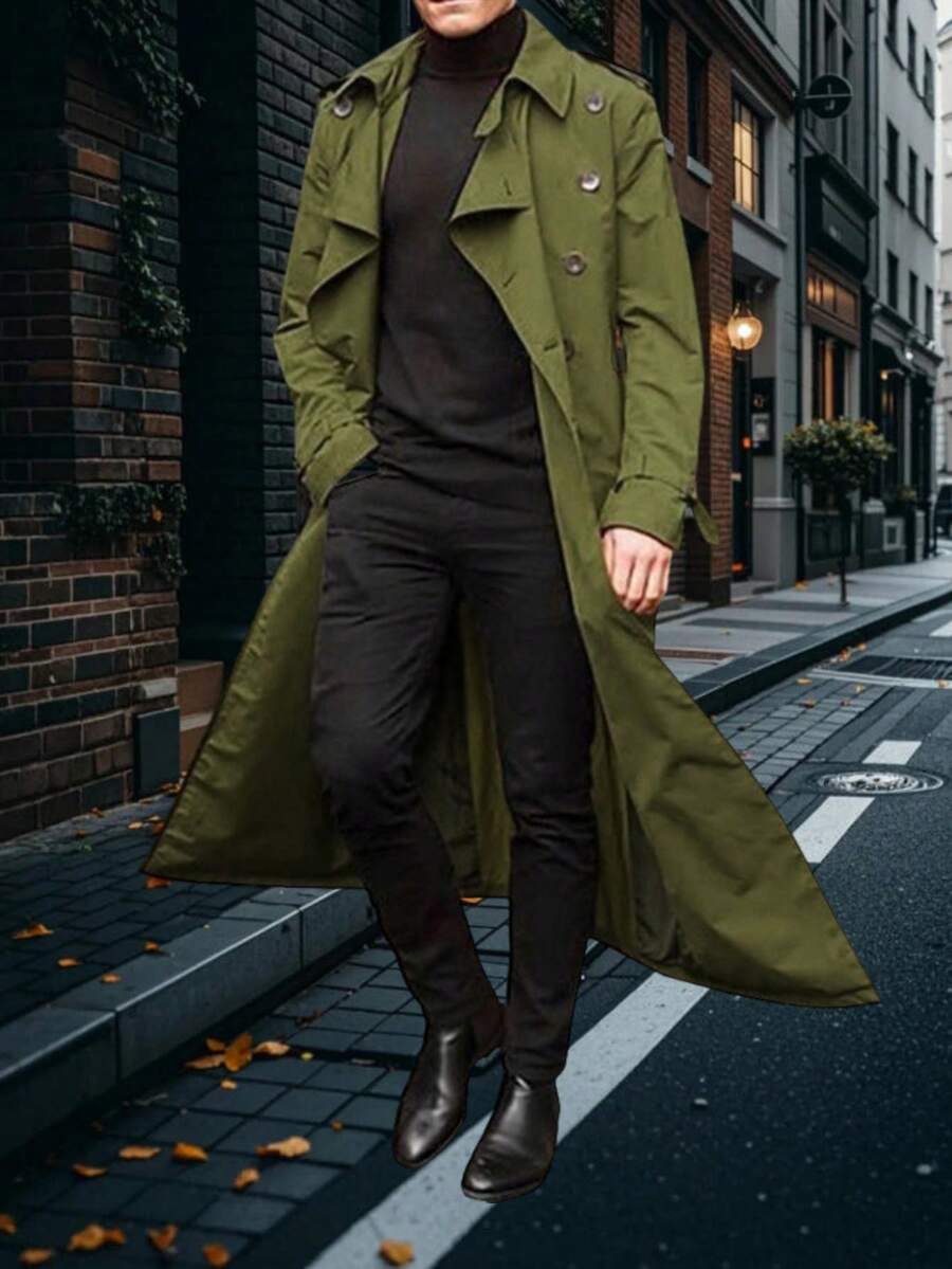 Men's Daily Fashionable Casual Mid-Length Trench Coat, Street Style, Autumn/Winter, For Friends, Husband, Boyfriend Gifts - Army Green - View 1