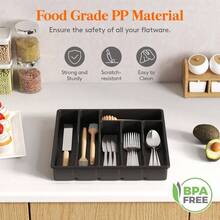 Silverware Drawer Organizer Tray, Plastic Cutlery Storage Kitchen Drawer, Flatware And Utensil Holder Divider Spoons Forks Knives Tableware, 5 Compartment, Black - 12.4 x 11.7 inch (6 Slots) + Black - View 5