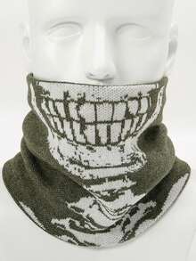 1 件 Y2K 骷髅印花羊毛围脖，休闲防寒男女通用围巾，适合日常穿着，秋冬 - 軍綠色 - 查看 1