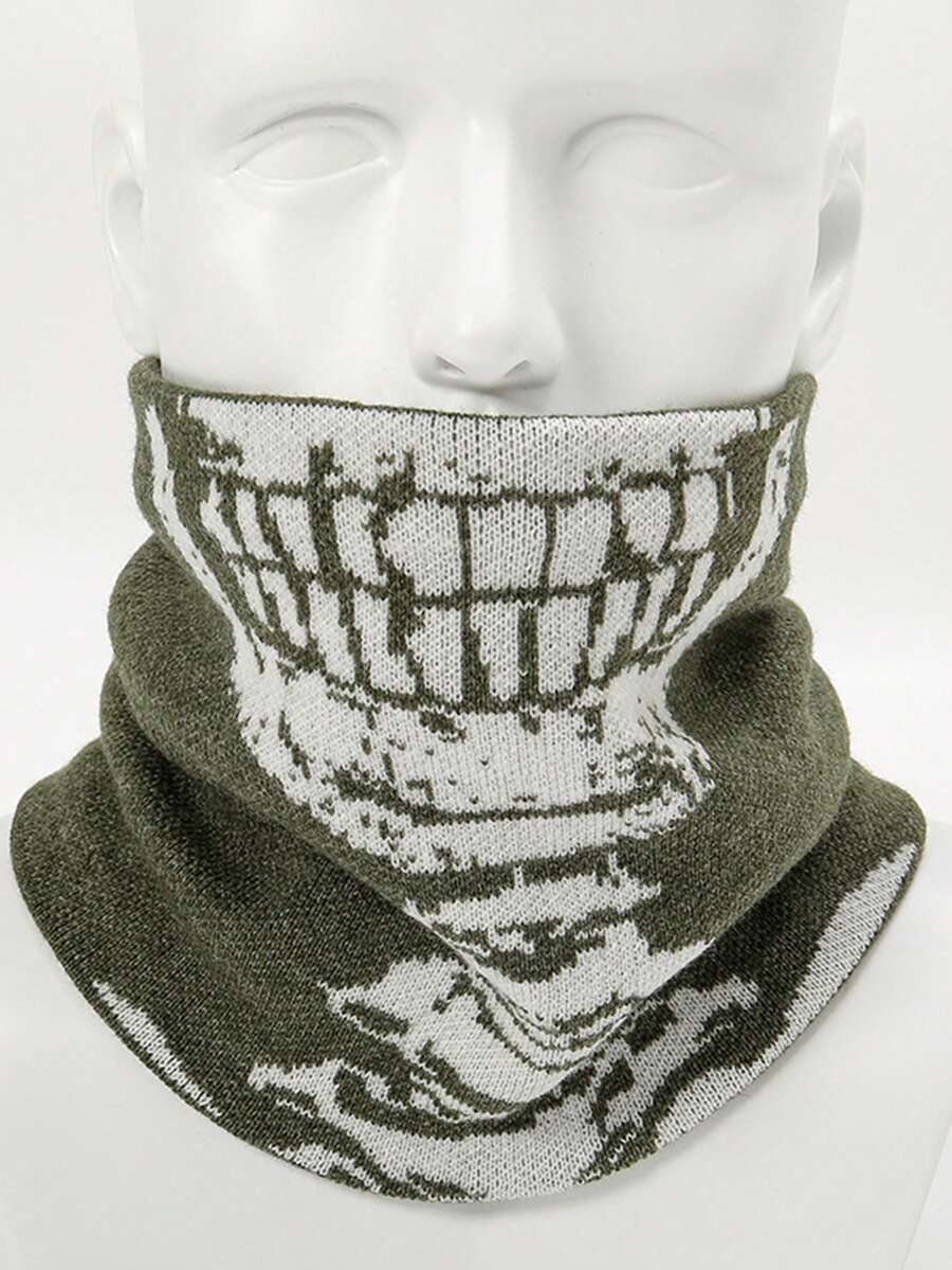 1 件 Y2K 骷髅印花羊毛围脖，休闲防寒男女通用围巾，适合日常穿着，秋冬 - 軍綠色 - 查看 1