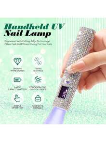 1 pieza Mini lámpara LED UV para uñas, portátil, adecuada para esmalte de uñas y gel, secado rápido, luz UV recargable con pantalla LED, herramienta de manicura - Plateado - Ver 3