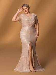 Faeriesty Mosy Plus Mother Of The Bride Dress: Elegant Sequin Deep V-Neck Mermaid Evening Gown With Shoulder Tassels – Front Slit Fish-Tail Skirt For Weddings, Galas, Red-Carpet Events