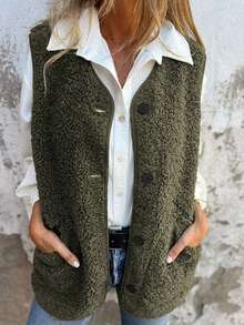 Women's Casual Solid Color Button Real Pocket Open Front Sleeveless Faux Fur Vest, Autumn/Winter - Army Green - View 3