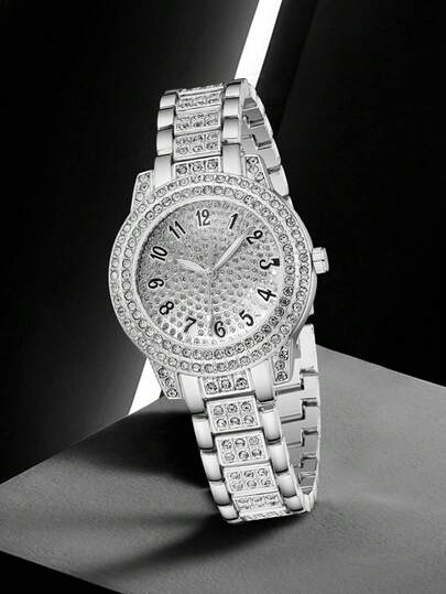 1 chiếc đồng hồ nữ dây hợp kim bạc thanh lịch, sang trọng và thời trang, đính kim cương, mặt số hiển thị số, mặt tròn, máy quartz, phù hợp với trang phục hàng ngày, món quà hoàn hảo cho bạn bè hoặc mẹ.