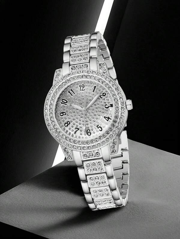 1 pièce Montre élégante pour femme avec bracelet en alliage d'argent, de luxe et mode, sertie de diamants, cadran numérique rond, à quartz, convient pour assortir à une tenue quotidienne, cadeau parfait pour les amis ou les mères