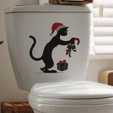 ملصق قطة سوداء تحمل هدية للحمام، ملصق لاصق ذاتي للديكور الحمام، ملصقات جدار ديكور المنزل، ديكورات عيد الميلاد المنزلية