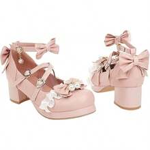 Women Lolita Cosplay Shoes Cross Strap Block Heel Mary Jane Lace Pumps-20256688 - 3粉紅色 - 查看 2