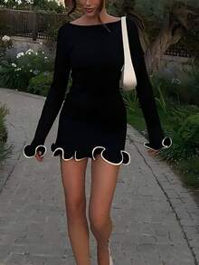 Women Fashion Long Sleeves Ruffle Bodycon Dress Elegant Sexy Party Vacation Valentine Day Spring Summer Clothes