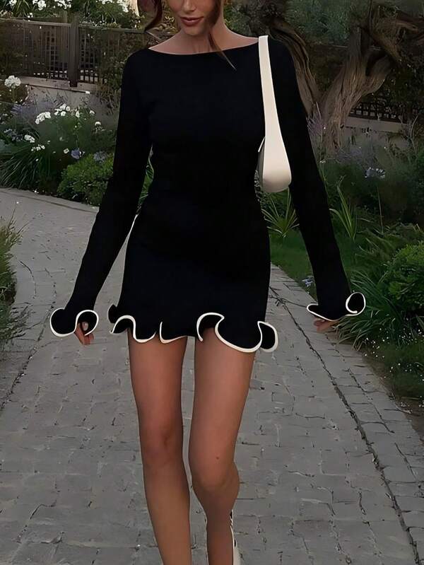 Moda damska, długie rękawy, falbana, obcisła sukienka, elegancka, seksowna, impreza, wakacje, walentynki, wiosna, lato