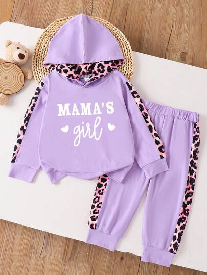 Baby Mädchen modisches lässiges minimalistisches Set aus Langarm-Top mit Buchstaben-Muster und Leoparden-Besatz sowie Hose, Frühling/Herbst