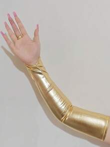 1 Pair Women's PU Long Arm Fingerless Gloves, Shiny Long Sleeve Gloves For Party Summer - Gold - View 3