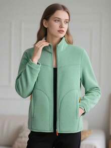 Reversible Sherpa Jacket Women, Stand Collar Zipper Cardigan, Solid Color Fleece Jacket For Autumn/Winter Sports - Mint Green - View 9