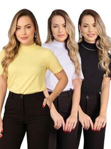 Kit 3 T Shirt High Neck Oversize Sleeve Blouse High Neck Women Short Sleeve Basic T-Shirt Plain Black White Nude Candy Color - 黃色的 - 查看 1
