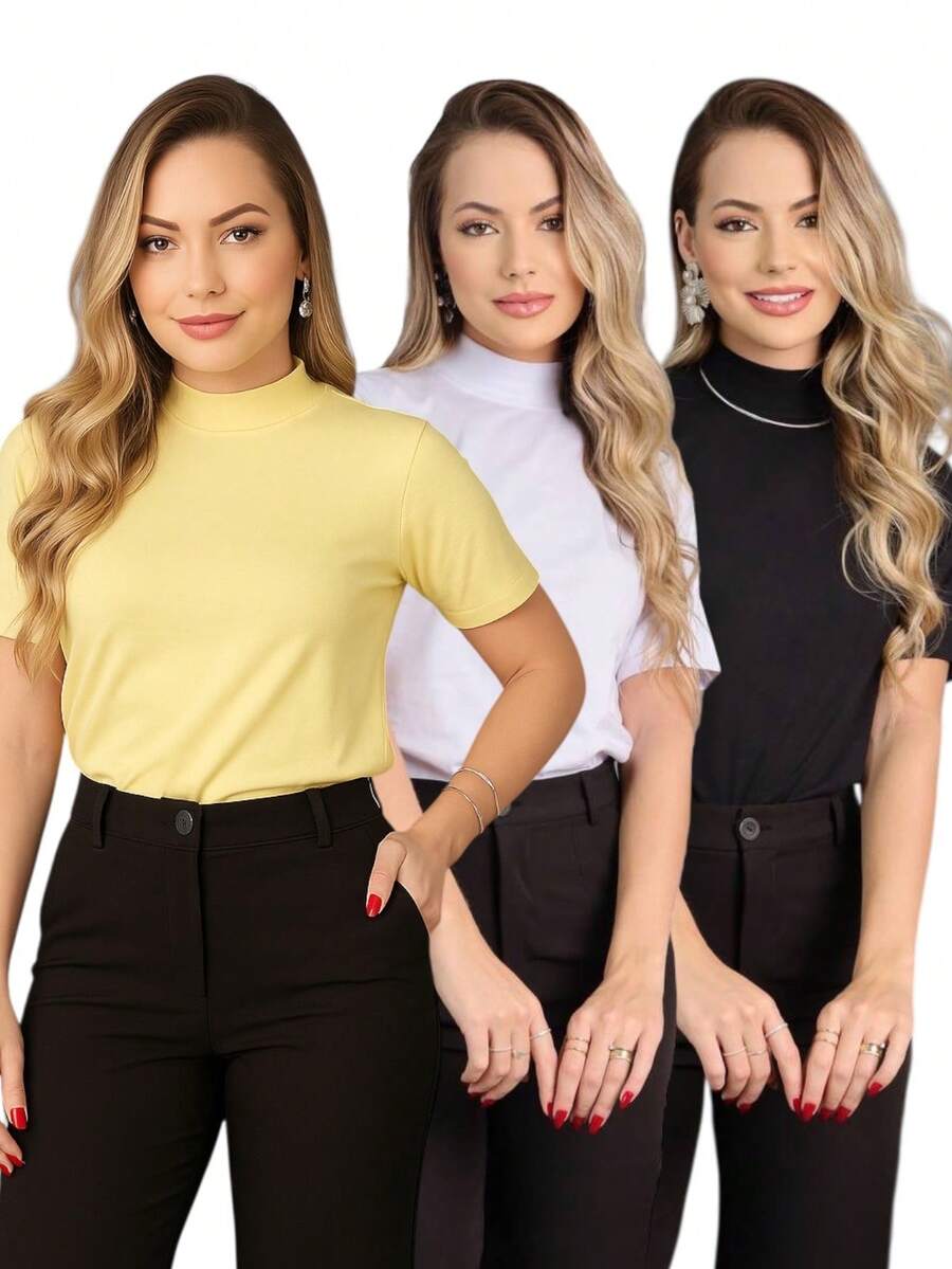 Kit 3 T Shirt High Neck Oversize Sleeve Blouse High Neck Women Short Sleeve Basic T-Shirt Plain Black White Nude Candy Color - 黃色的 - 查看 1