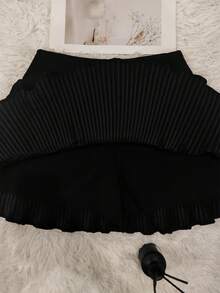 Women's Solid Color Pleated Short Skirt - Pleated Black - View 2