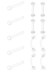 13pcs Casual Transparent Plastic Piercing Jewelry Set, Suitable For Women's Daily Commute Wear, Includes 20G Transparent Nose Ring, Nose Septum Ring, Ear Cartilage Ring, Lip Stud, Eyebrow Ring, Etc. - Clear - View 12