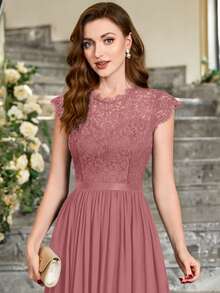 MIUSOL 花卉蕾丝短袖雪纺缎面收腰正式派对长裙，优雅女士派对礼服，舞会礼服，婚礼宾客礼服，毕业典礼礼服，晚礼服 - 藕粉色 - 查看 8