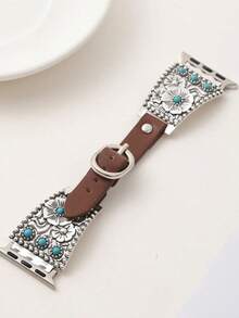 1 pieza Correa de reloj de cuero turquesa retro compatible con Apple Watch, pulsera de reloj con diseño floral plateado compatible con Apple Watch