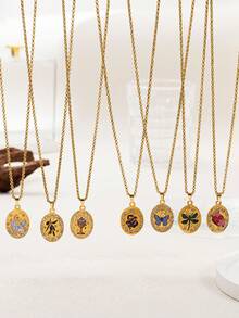 1件时尚复古椭圆形镶嵌锆石心形玫瑰蝴蝶天鹅蜻蜓石榴蛇不锈钢金吊坠项链，18k镀金，彰显个人魅力，适合女性日常佩戴、社交和宴会盛装，也可作为护身符项链佩戴，参加音乐节。女士珠宝。 - 金色 - 查看 4