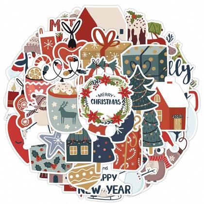 50Pcs Cartoon Christmas Stickers Cute Merry Christmas Stickers Christmas Decor Cute Christmas Party Gifts DIY Stickers Vinyl Waterproof Stickers For Journaling Computer Scrapbook Luggage Water Bottle Phone