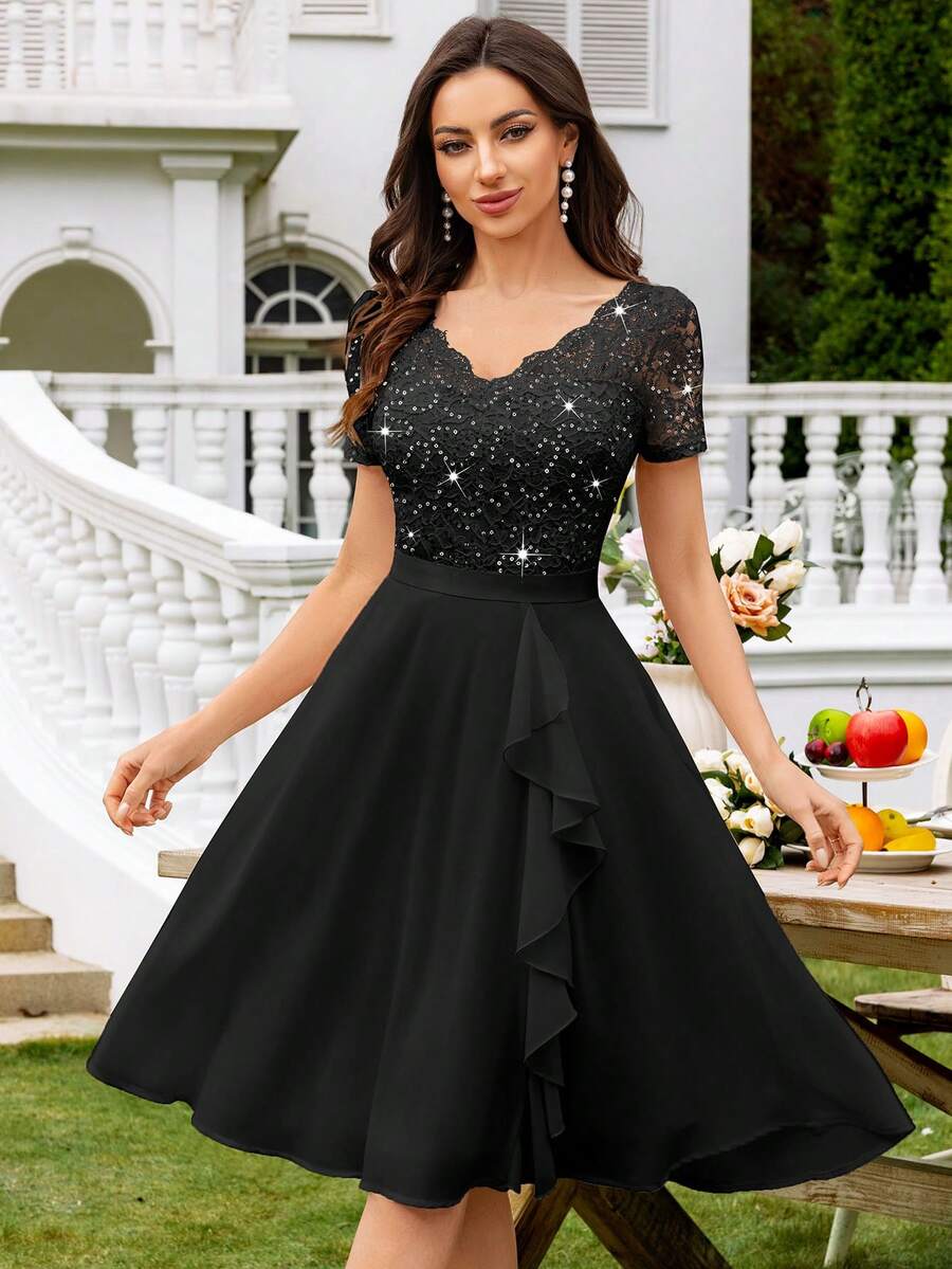 MIUSOL Elegant Women's V-Neck Contrast Lace Sequin Black Flowy Chiffon Swing Dress, Ruffle Trim Ruched Hem, For Wedding Guest, Prom, Homecoming, Birthday Party - màu đen - Xem 1