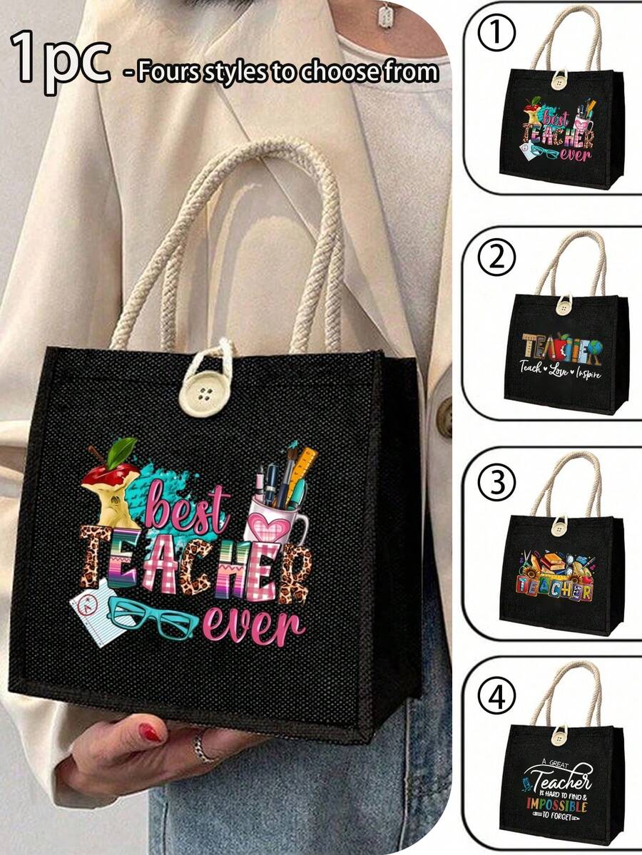 1个“最佳教师”印花亚麻手提袋，可重复使用印花手提包，女士双提手购物书包，大容量单肩包，休闲手提包，圣诞节收纳袋，适合通勤、上学、购物、户外活动，可作为礼物送给朋友、女朋友，教师节、节日等场合。 - 黑色 - 查看 1
