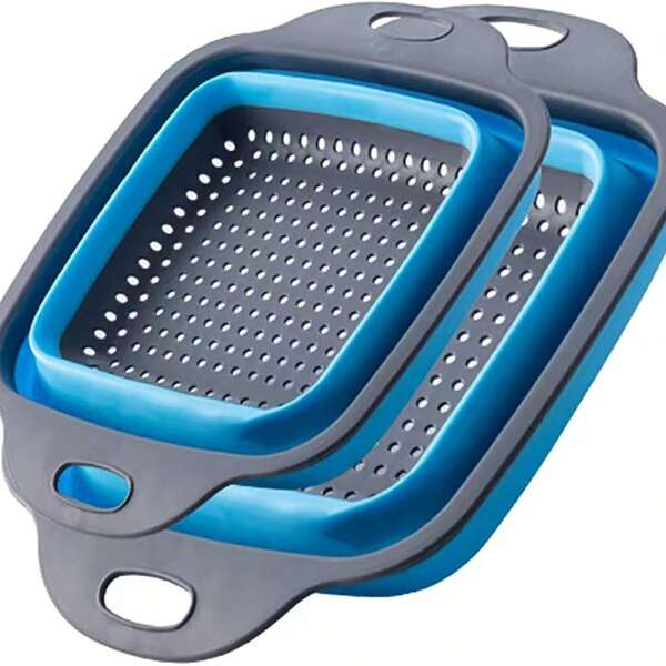 Cesto de drenagem dobrável com alça, escorredor de silicone quadrado/redondo para cozinha, cesto de drenagem para atividades ao ar livre (pequeno/grande), fácil de guardar, ideal para drenagem, uso na cozinha e em viagens