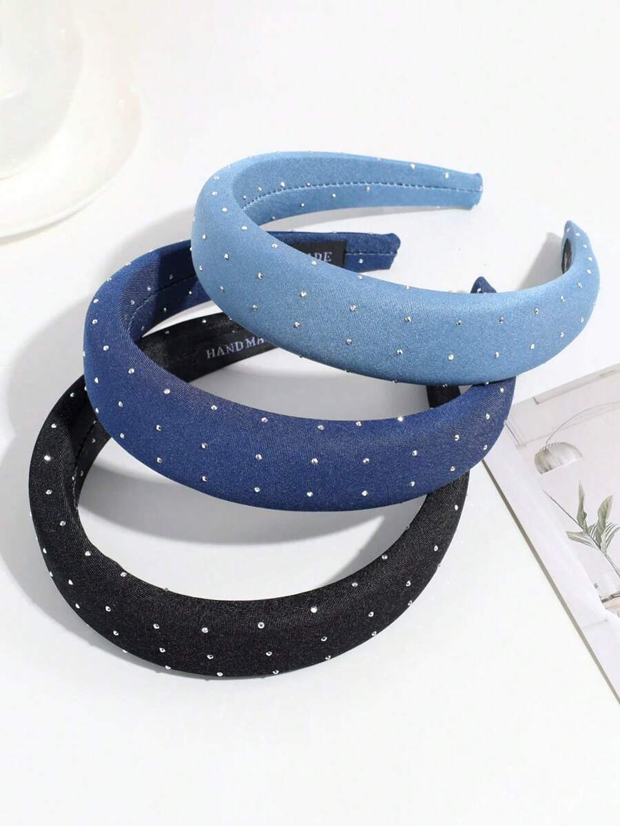 3/1pc Fashion Denim Rhinestone Fabric Headband, Minimalist Wide-Brim Headwear Suitable For Daily Commute And Work