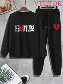 (2PC)VTUTOK  Men's Printed Round Neck Sweatshirt Long Pants Set, Street Style Long Sleeved Sweatshirt Top+Drawstring Waist Cinching Sports Pants Casual Set, Autumn Set,HEORTLESS