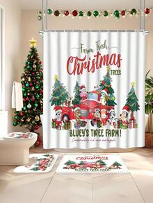 [Christmas Bluey Shower Curtain Window Curtain Set] 1/3/4pcs Christmas Solid Color Santa Hat Bluey Family And Friends Holiday Pattern Printed Shower Curtain Set, Modern Design, Suitable For All Seasons, Waterproof Polyester Hooks And Lining, Flannel Material, Soft Surface, Absorbent Anti-Slip Bathroom Mat, Bathroom Set Includes U-Shaped Mat, Toilet Mat, Anti-Slip Bathroom Mat And Bathroom Accessories, Home Decor, Holiday Decor, Christmas Gift, Daily Decor, Gift Giving