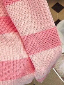 大码女装秋冬新款方拉链条纹针织毛衣，时尚高端简约可爱优雅套头衫，百搭粉色 - 粉色 - 查看 7