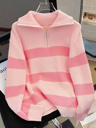 Plus Size Women's Autumn/Winter New Square Zipper Striped Knit Sweater, Fashion High-End Minimalist Cute Elegant Pullover, Versatile