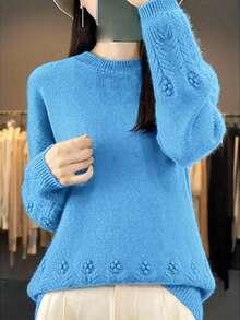 Plus Size Women Casual Loose Fit Crew Neck Drop Shoulder Long Sleeve Sweater, Elegant Dress For Women, Valentine Outfits - Blue - View 2
