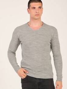 Men's V-Neck Jacquard Sweater Regular Fit - Grey - View 2