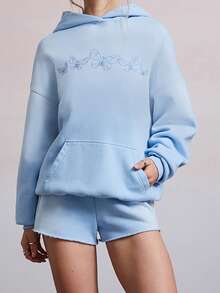 Women Fall Winter Hoodies Stylish Butterfly Embroidered Long Sleeve Pullovers Casual Loose Fit Hooded Sweatshirt Work Office Streetwear 1 Pcs 500g Rams 35% Cotton 65% Polyester Top - Blue - View 5