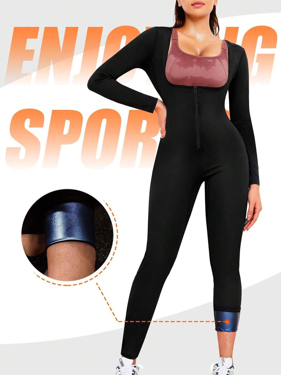 1 pieza Nuevo mono de sauna de 4 en 1 para dar forma en 2025, conjunto exclusivo de yoga para pérdida de peso de mujer: mono de una sola pieza de unicolor minimalista de cintura alta con manga larga para dar forma, pantalones ajustados de 7/8 para levantar, combinado con top de entrenamiento para quemar grasa abdominal, escultura integral de la curva en S. La fusión perfecta entre fitness atlético y moda, ¡lo que le permite emanar confianza y un encanto radiante en cada entrenamiento empapado de sudor! Moldeado extremo, ¡quema de grasa!