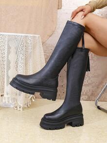 Botas elásticas de moda otoño 2024 para mujeres de baja estatura, efecto estilizante con tacón ancho, botas altas tipo equitación