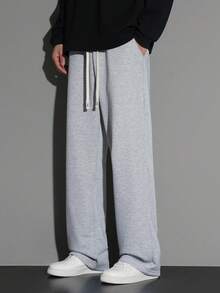 1pc 男士抽绳腰宽松阔腿休闲运动裤，秋冬 - 淺灰色 - 查看 5