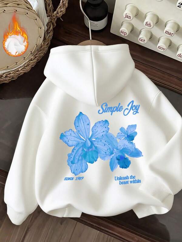 Warmes Damen-Kapuzenpullover-Sweatshirt, schlichtes, fröhliches und heilendes Thema, blauer Blumenmusterdruck, dicker Stoff für Herbst und Winter, warmes Fleecefutter, Damenoberteil aus Baumwolle, Kapuzenpullover mit überschnittenen Schultern, Oversize-Sweatshirt, modisch und vielseitig, Atmosphäre/Retro-Stil/High-Street-Stil/britischer Stil/Preppy-Stil, geeignet für Kleidung mit langen Ärmeln für kaltes Wetter, Kapuzenpullover für Ausflüge, Italien-Seeater, Festivalkleidung, weißes Oberteil für die tägliche Freizeitkleidung