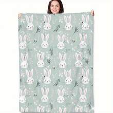 1pc Bunny & Floral Throw Blanket - Soft Mint Green Pastel Design With White Rabbits & Pink Flowers, Lightweight Cozy Flannel For Home Decor, Camping, Picnics - Perfect Gift For Women, All-Season Contemporary Style, Bunny Decor, Durable Comfort Fabric, Camping Accessory, Bunny Decor - 280 GSM - Nhiều màu - Xem 1