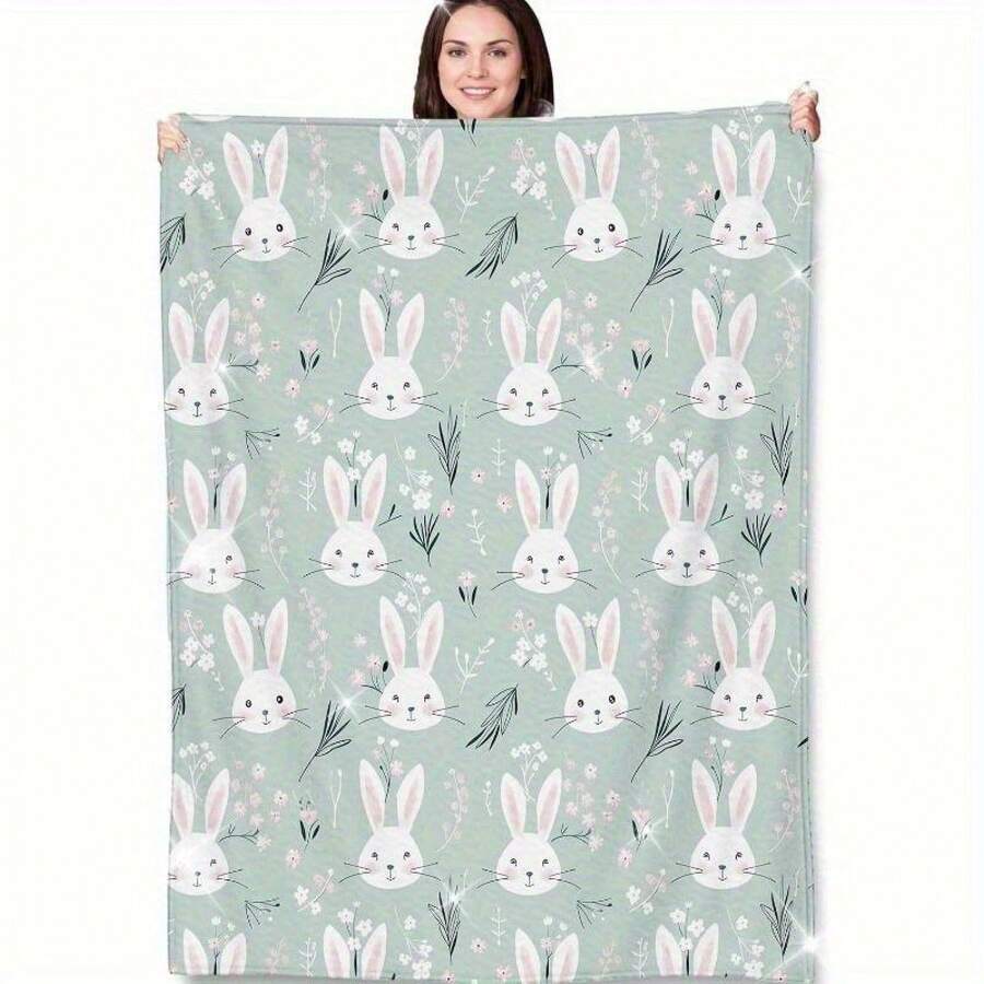 1pc Bunny & Floral Throw Blanket - Soft Mint Green Pastel Design With White Rabbits & Pink Flowers, Lightweight Cozy Flannel For Home Decor, Camping, Picnics - Perfect Gift For Women, All-Season Contemporary Style, Bunny Decor, Durable Comfort Fabric, Camping Accessory, Bunny Decor - 280 GSM - Nhiều màu - Xem 1
