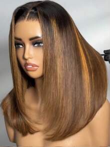 UNice Hair Bye Bye Knots 7x5 Lace Brown With Blonde Piano Highlights Straight Bob Wig With Dark Roots Glueless Bob Wigs 100% Human Hair Ready To Wear Pre Cut Pre Bleached Pre-Pluck Transparent Lace With Drawstring Unice Wigs For Women
